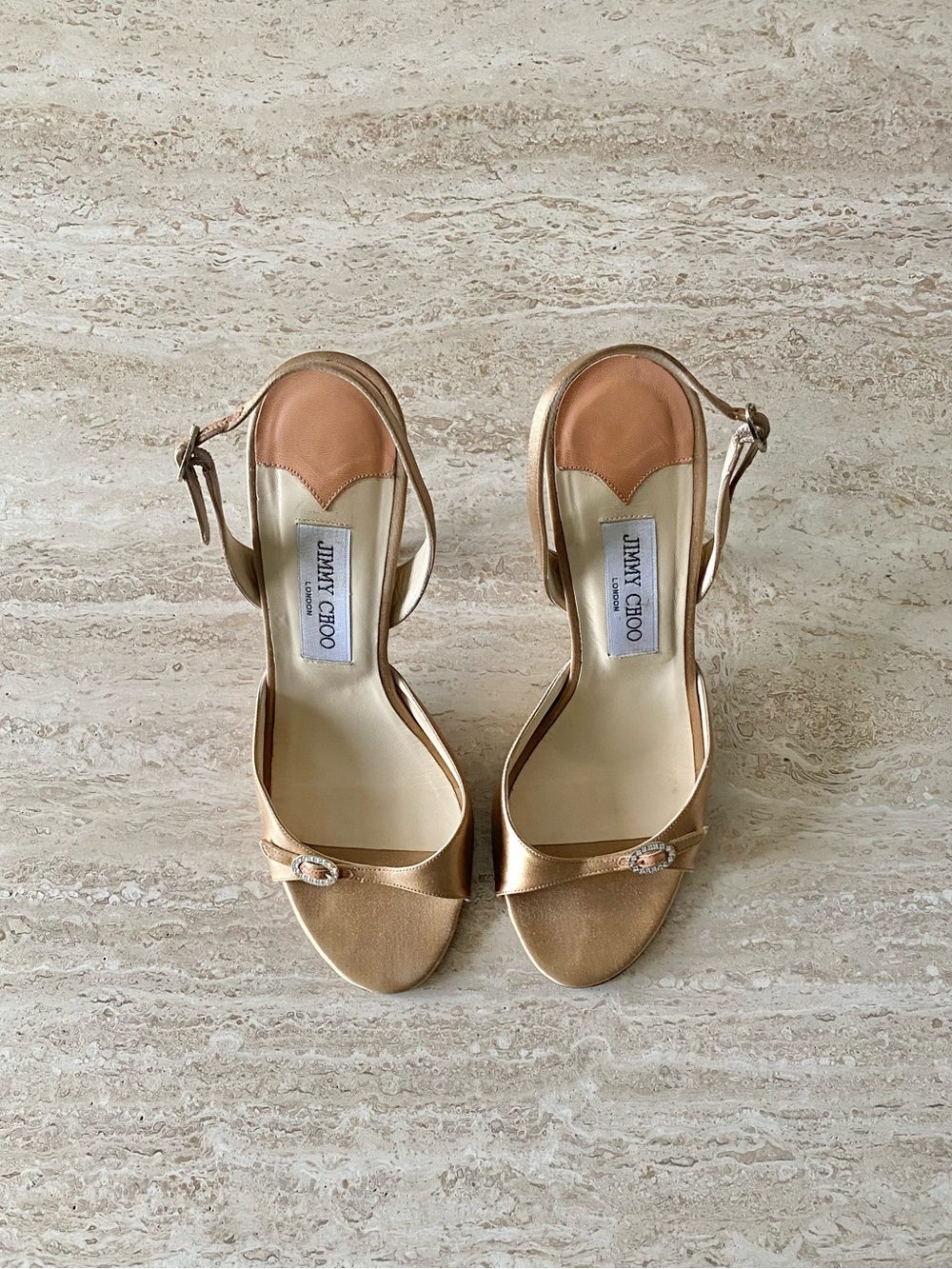 Vintage Jimmy Choo Satin Crystal Buckle Slingback Sandal Heels - Picture 3 of 13